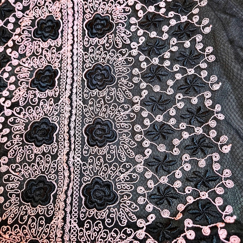 Feminine Black w/ Pink Floral Embroidered Sheer Mesh Babydoll Camisole Top Small - Picture 3 of 7